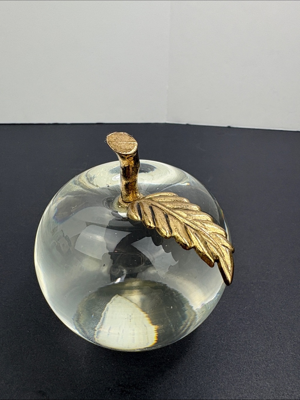 Crystal Clear Glass Apple Paperweight with Gold Brass Leaf and Stem